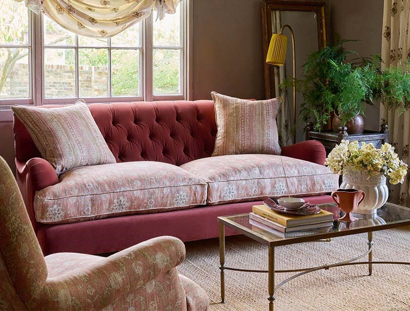 Chiddingfold 3 seater sofa in Omega Tawny Velvet and Spill Resistant V&A Threads of India Regal Arabesque Flame with scatters in Sulawesi Splendour Jasper
